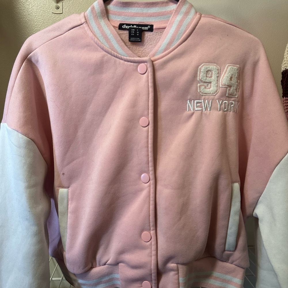 Charlotte Russe Cropped Pink and White Striped Varsity Jacket